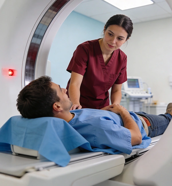 Paciente ingresando al resonador magnético acompañado por una tecnóloga médica