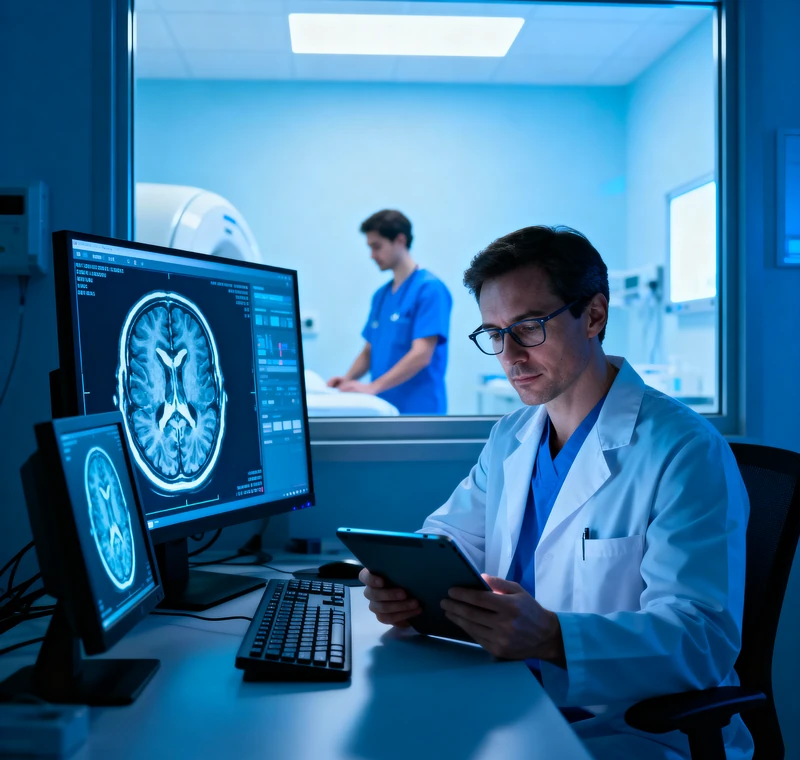 Médico radiólogo revisando imágenes de una resonancia magnética de cerebro