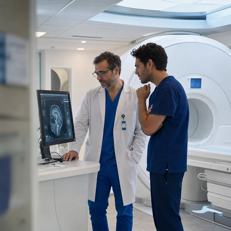 Dos médicos revisando las imágenes de una resonancia magnética junto al resonador