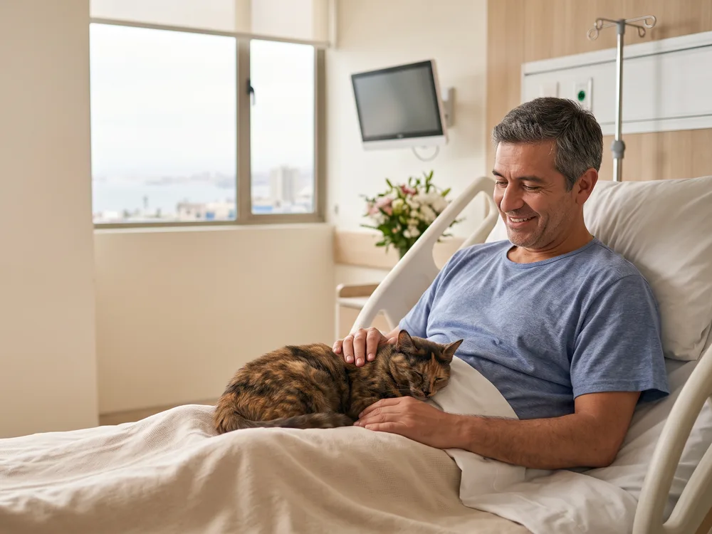 Paciente hospitalizado acariciando a su gato recostado sobre la cama clínica