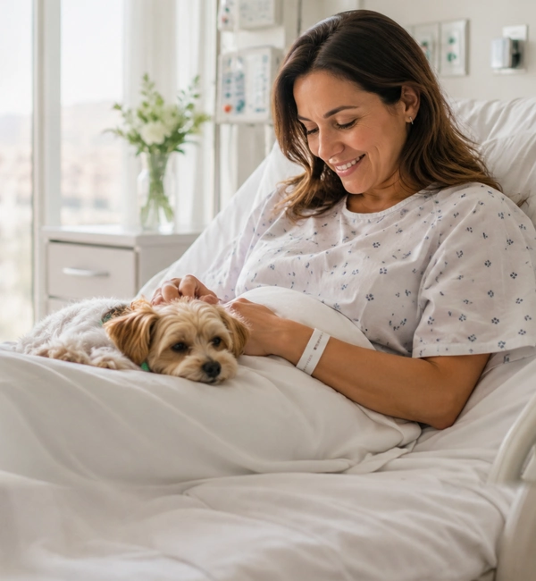 Paciente hospitalizada acariciando a su perro recostado sobre la cama clínica