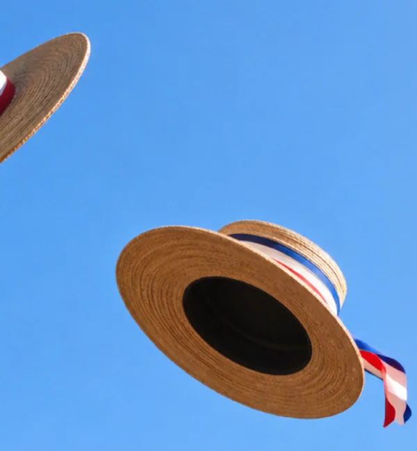 Dos chupallas con cinta tricolor volando contra el cielo azul